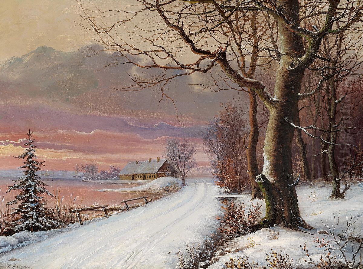 Vinterlandskab ved solnedgangstide. Oil Painting by Anders Andersen-Lundby