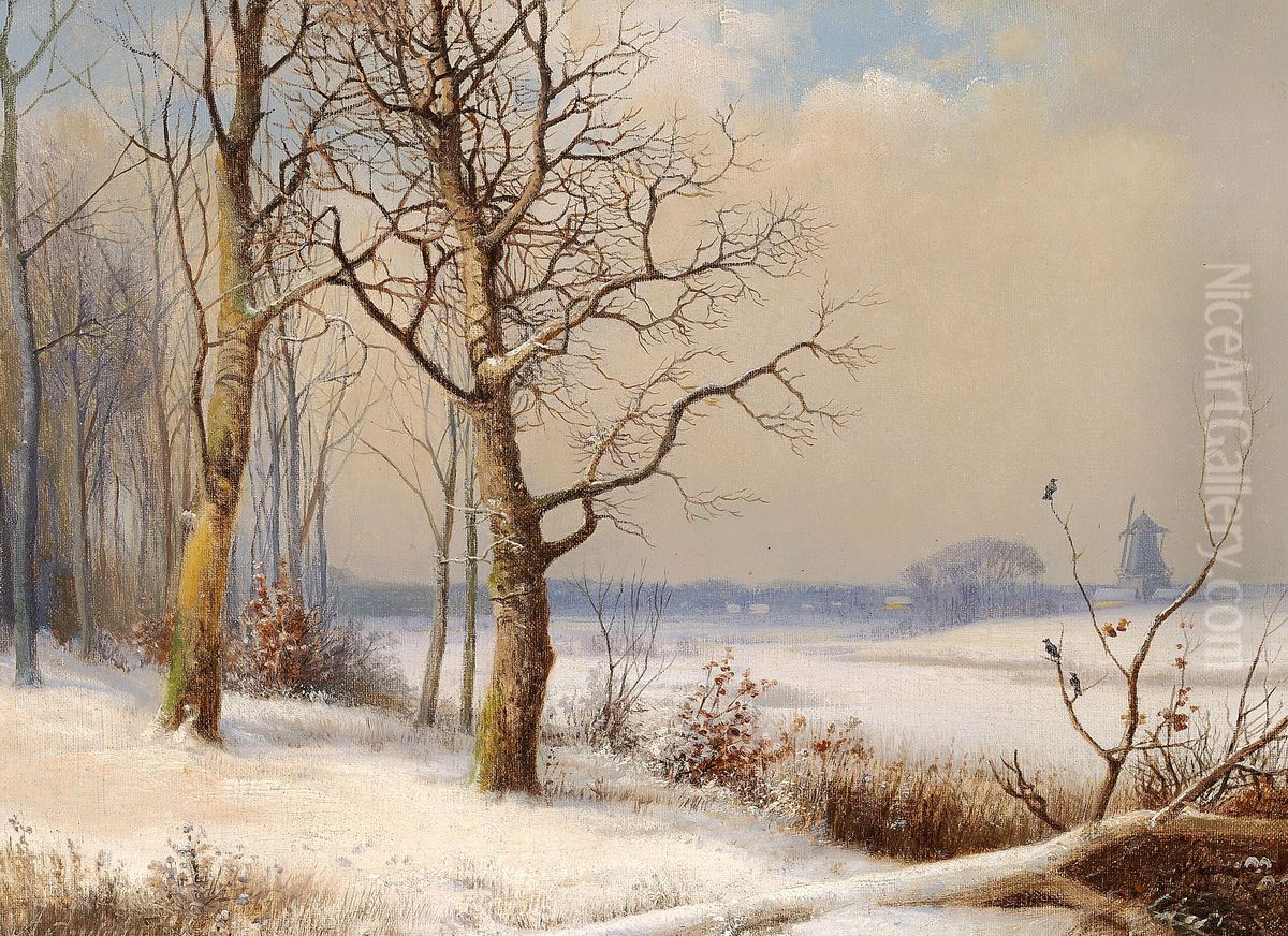 A winter landscape with a mill. Oil Painting by Anders Andersen-Lundby