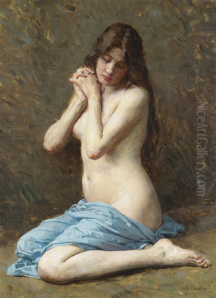 A seated nude with a blue drape, a study forPenitent Magdalena Oil Painting by Alexandre Jacques Chantron