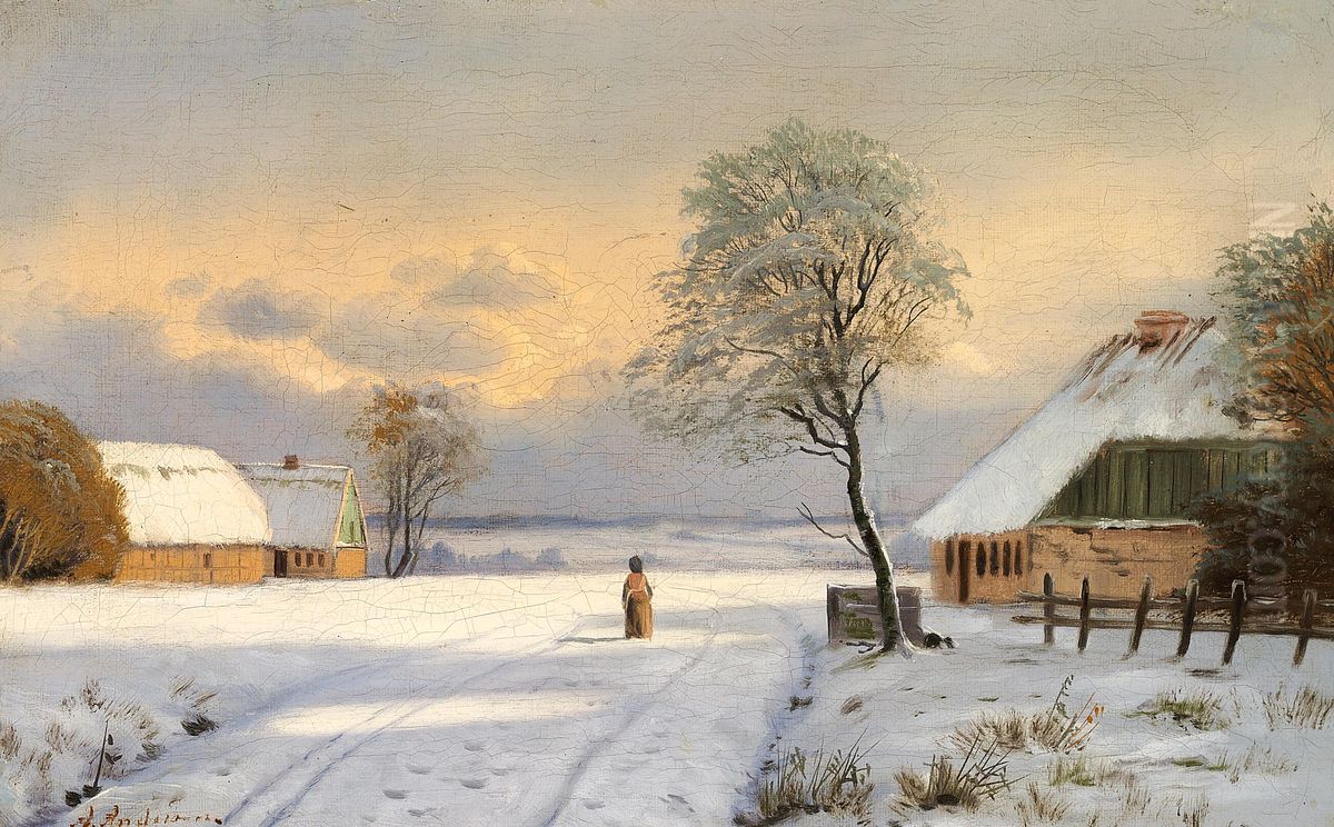 A snow covered road with a woman. Oil Painting by Anders Andersen-Lundby