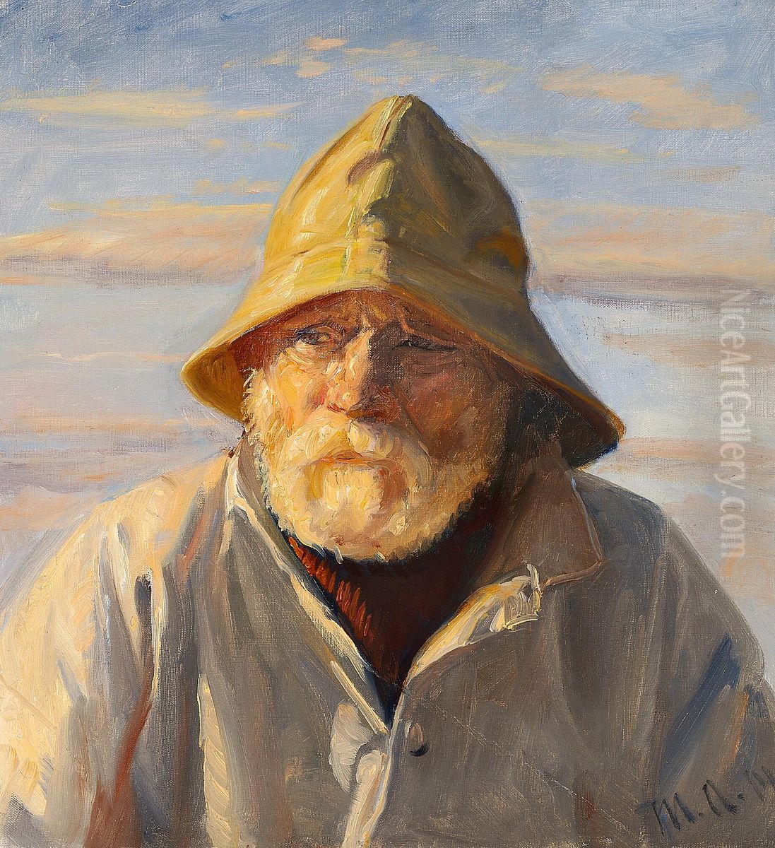 A fisherman of Skagen with a yellow sou'wester. Oil Painting by Michael Peter Ancher