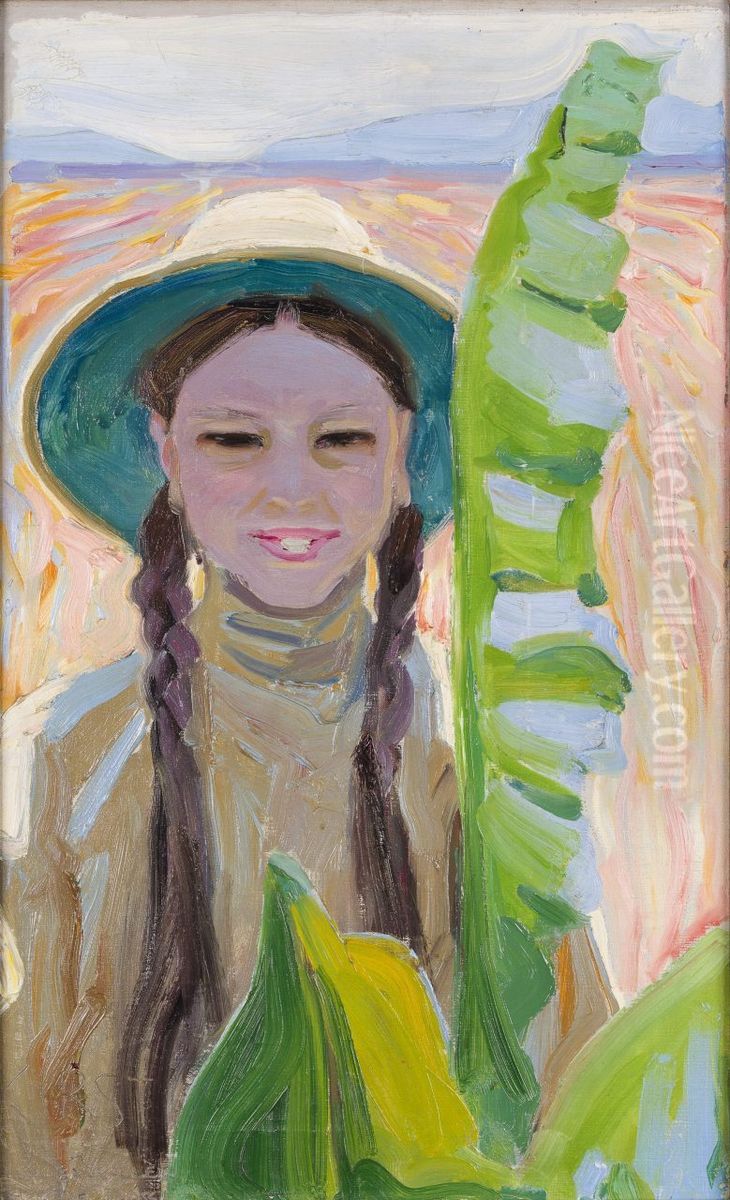 Kirsti with Banana Leaves Oil Painting by Akseli Valdemar Gallen-Kallela