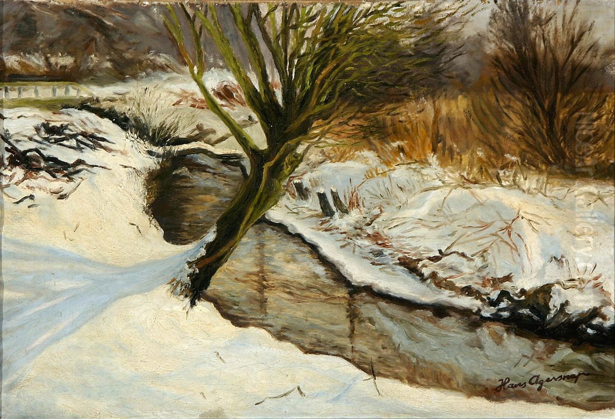 Vinterlandskab med alob. Oil Painting by Hans Agersnap