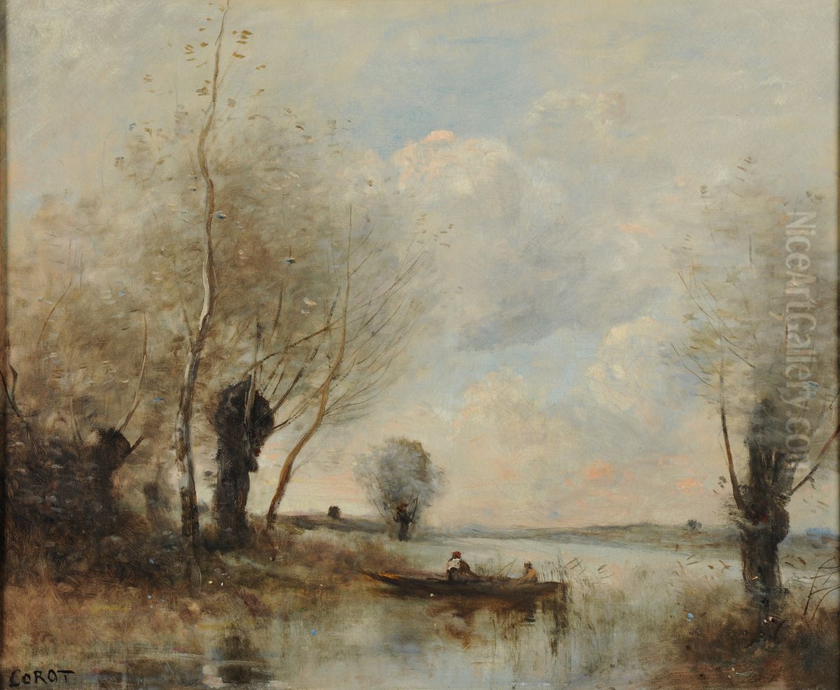 La peche en barque aupres des saules Oil Painting by Jean-Baptiste Camille Corot