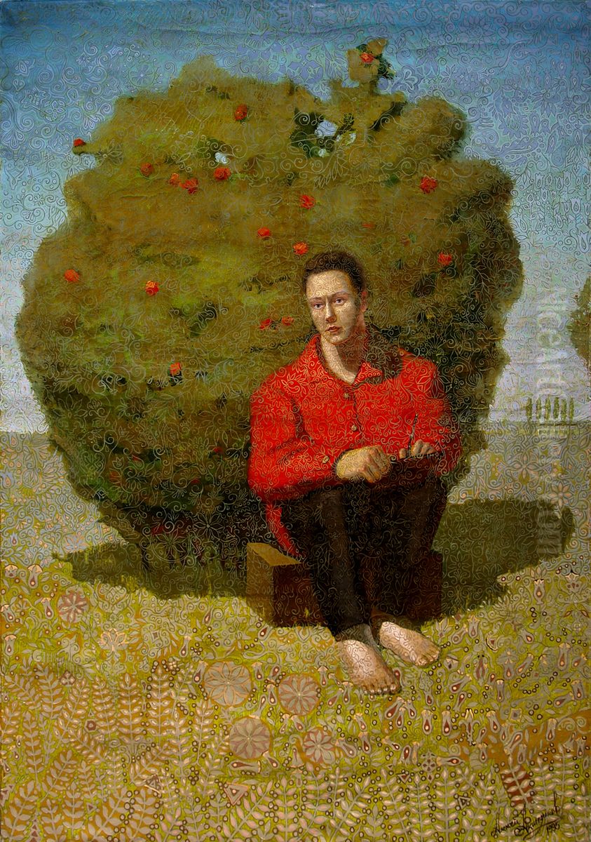 Self-portrait by a bush rose hips Oil Painting by Alexey Akindinov