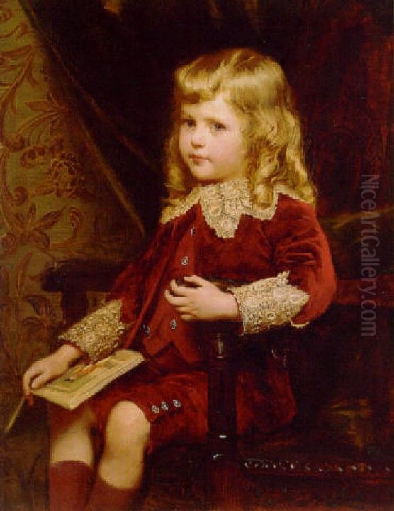 Portrait of a young boy in a red velvet suit Oil Painting by Alfred Edward Emslie