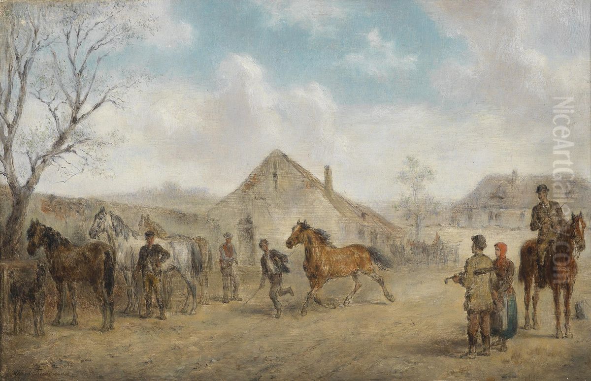Pferdemarkt am Dorfplatz. Oil Painting by Alfred Friedlander