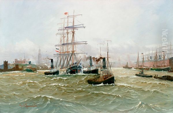 Hamburger Hafen mit Dreimaster und zahlreichen Dampfbooten. Oil Painting by Alfred Jensen