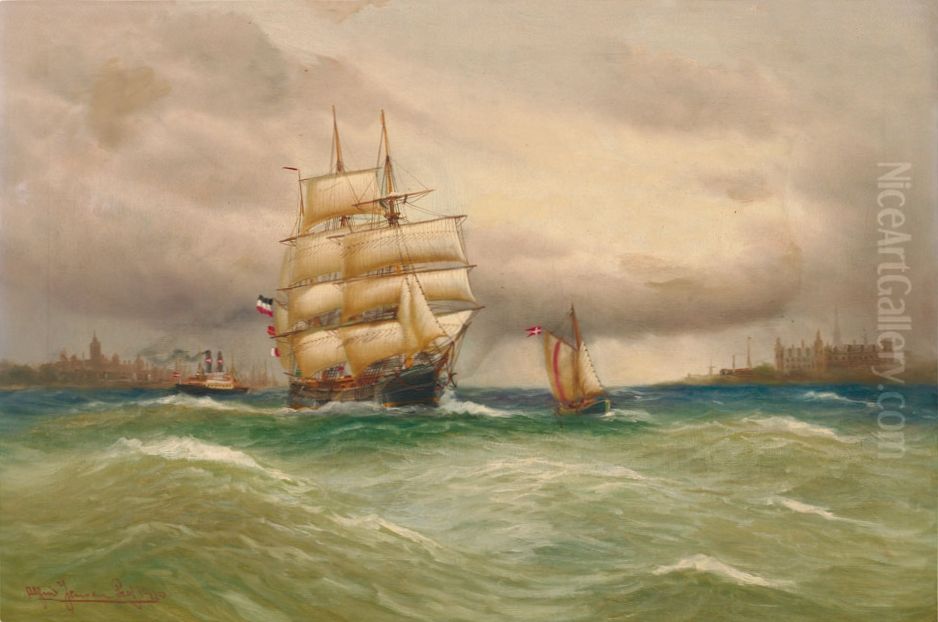 Marine mit Segelbooten, im Hintergrund Stadtsilhouette. Oil Painting by Alfred Jensen