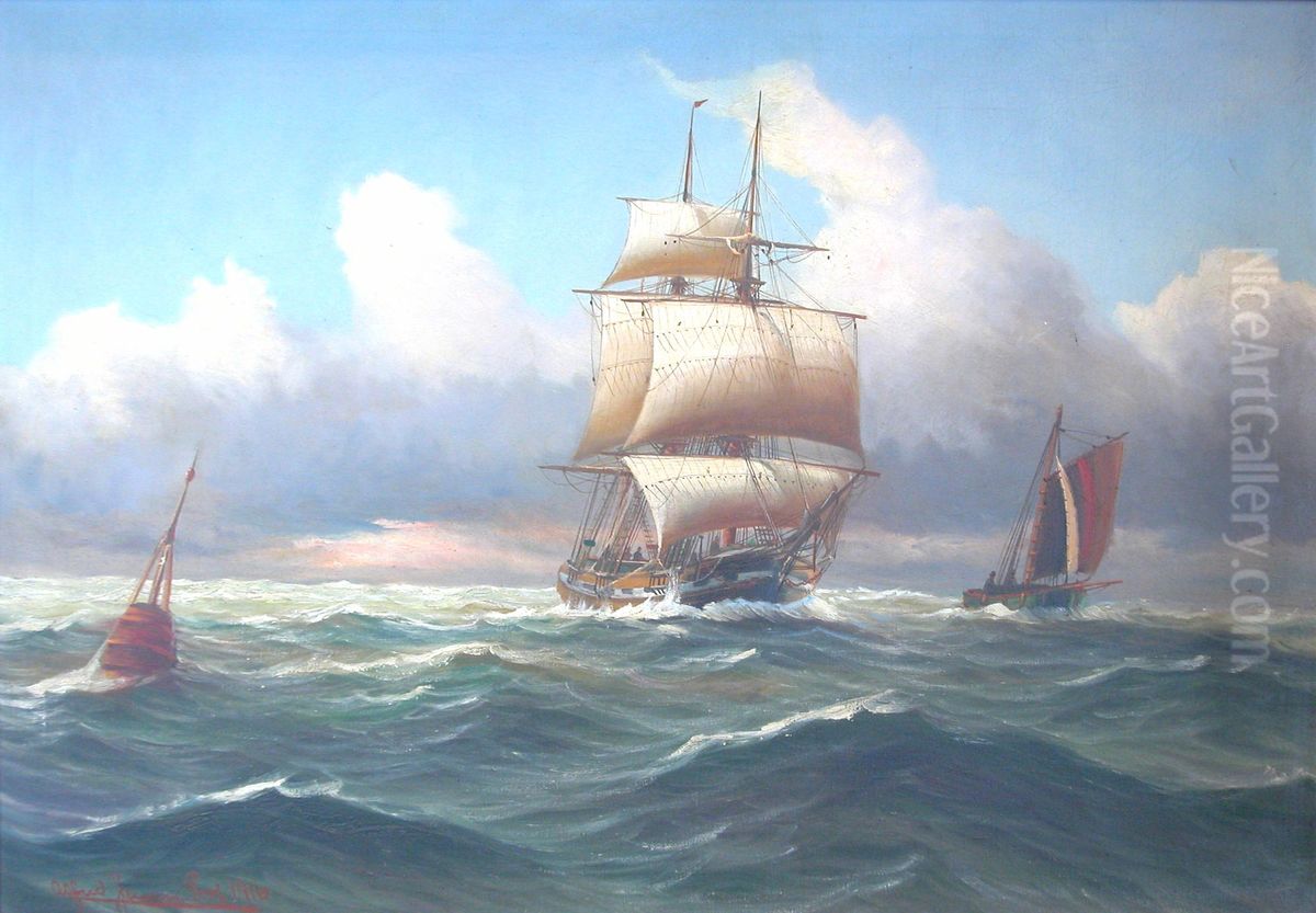 Sailing ships at sea. Oil Painting by Alfred Jensen