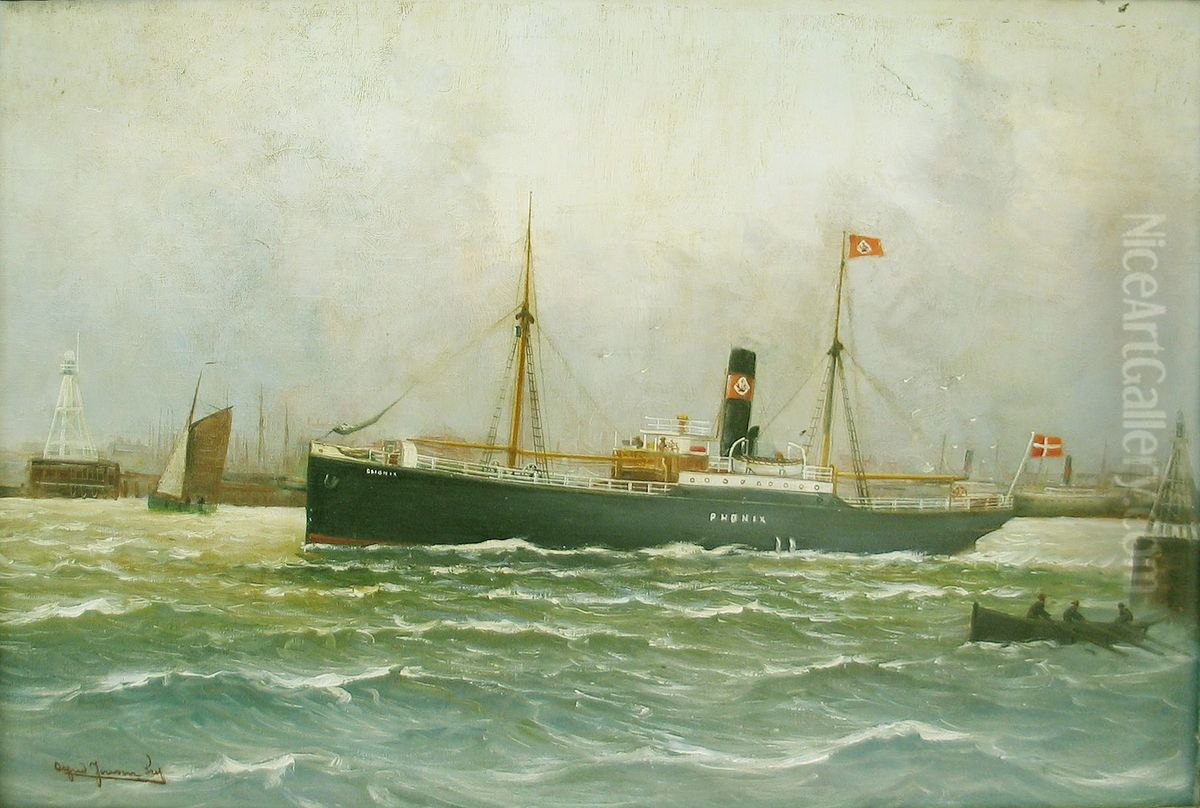 Harbour scene with the steamship Phonix. Oil Painting by Alfred Jensen