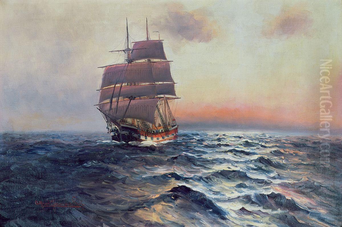 Sailing Ship at Sea Oil Painting by Alfred Jensen