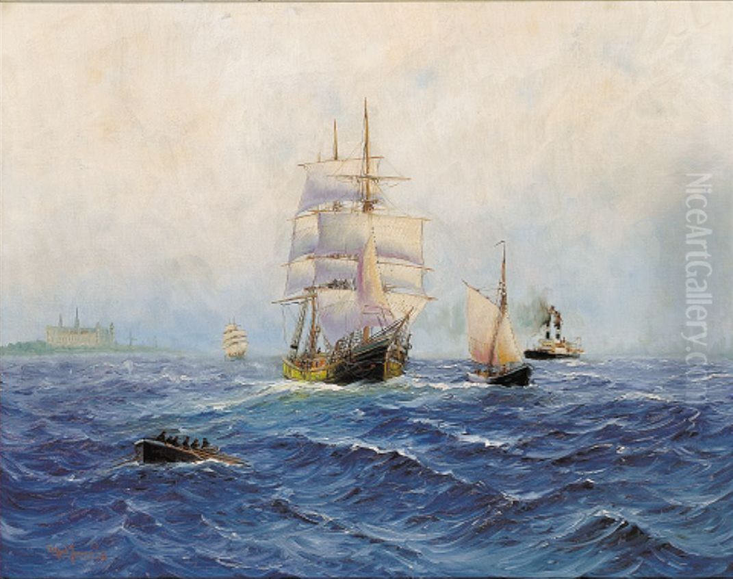 Sailing ships and a steam ferry in the Sound off Kronborg. Oil Painting by Alfred Jensen