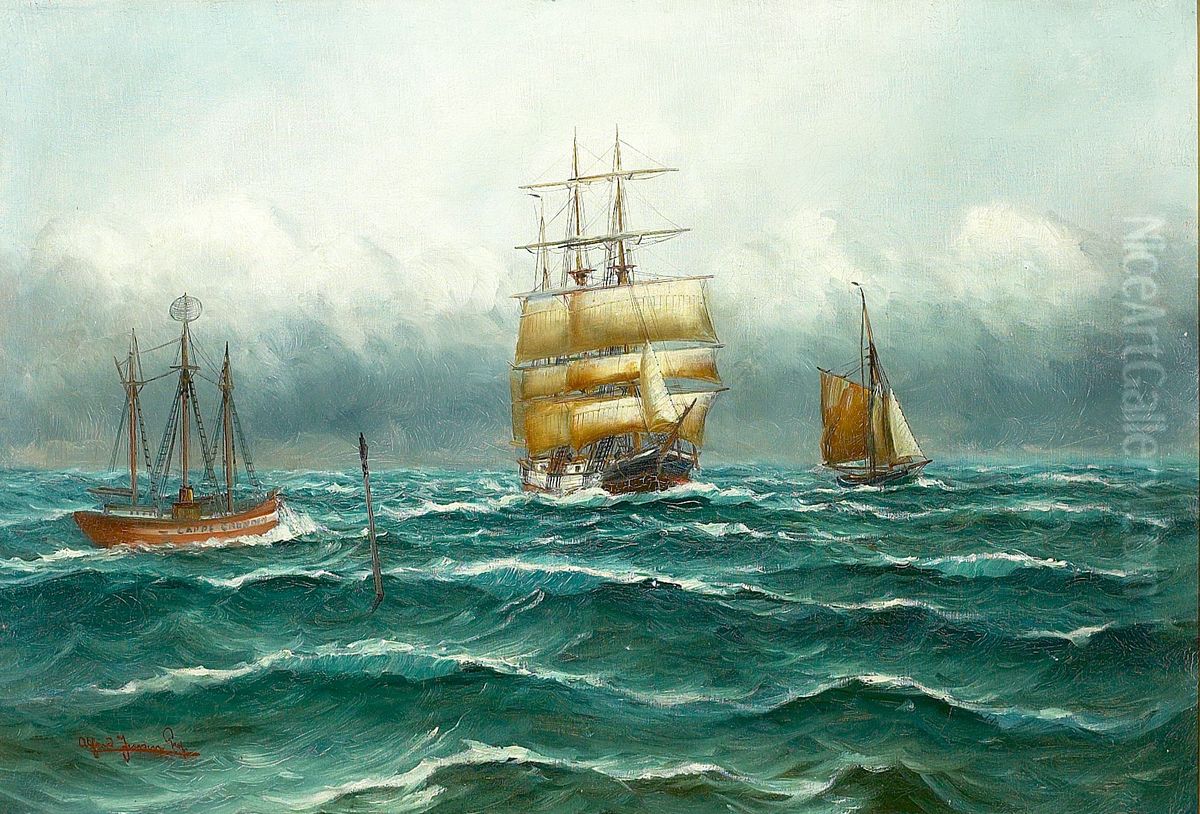 A threemasted ship near the lightship at Lappegrunden (entrance to the Sound at Elsinore, Denmark). Oil Painting by Alfred Jensen