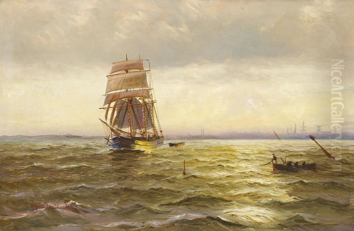 Threemasted ship off the shore at dusk. Oil Painting by Alfred Jensen