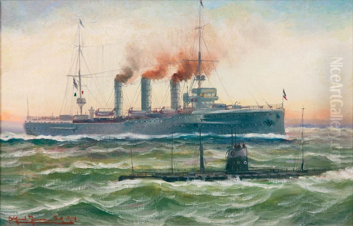 Kriegsschiff und U-Boot auf See Oil Painting by Alfred Jensen