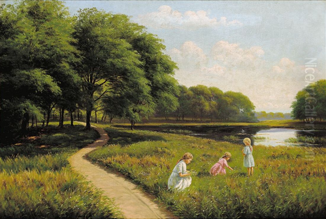 Landscape with three girls picking flowers. Oil Painting by Alfred Larsen