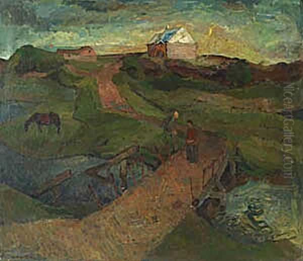 Evening view of Norre Virum bridge and church. Oil Painting by Alfred Martens