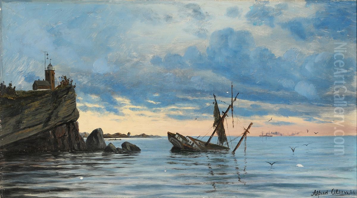 Et grundstodt skib ud for et fyrtarn pa en klippekyst Oil Painting by Alfred Olsen