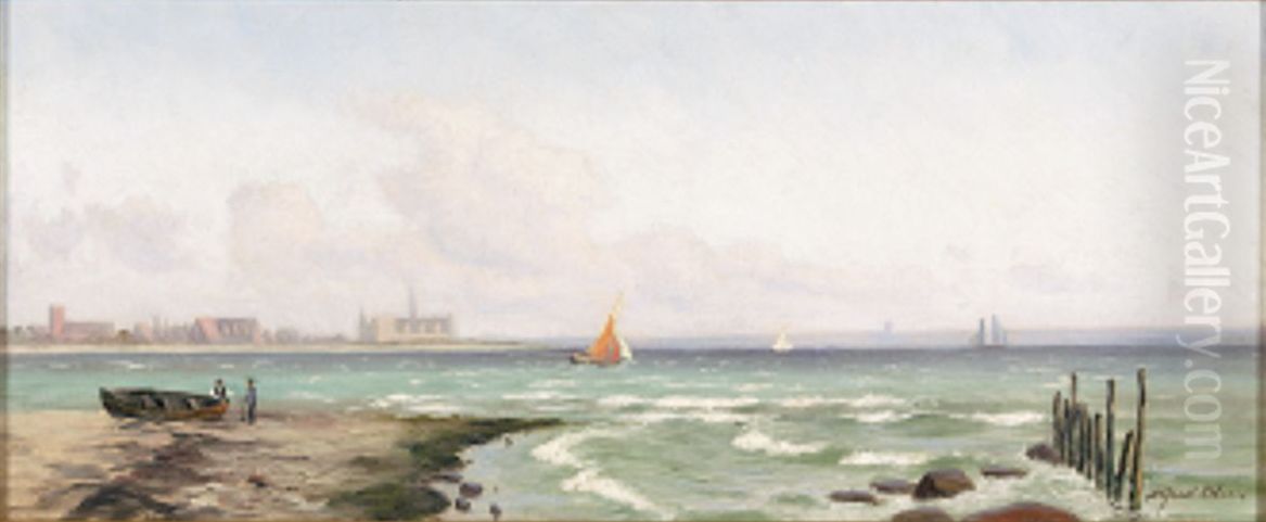 Sailing ships off Kronborg, Denmark. Oil Painting by Alfred Olsen