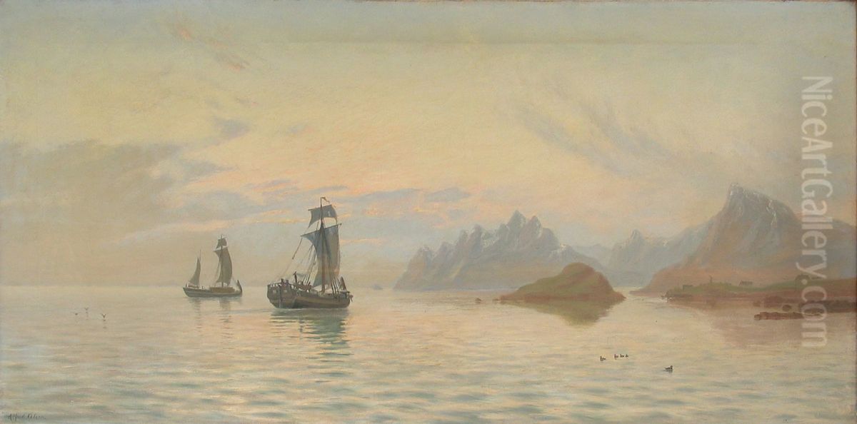 Sailing ships off a coast. Oil Painting by Alfred Olsen