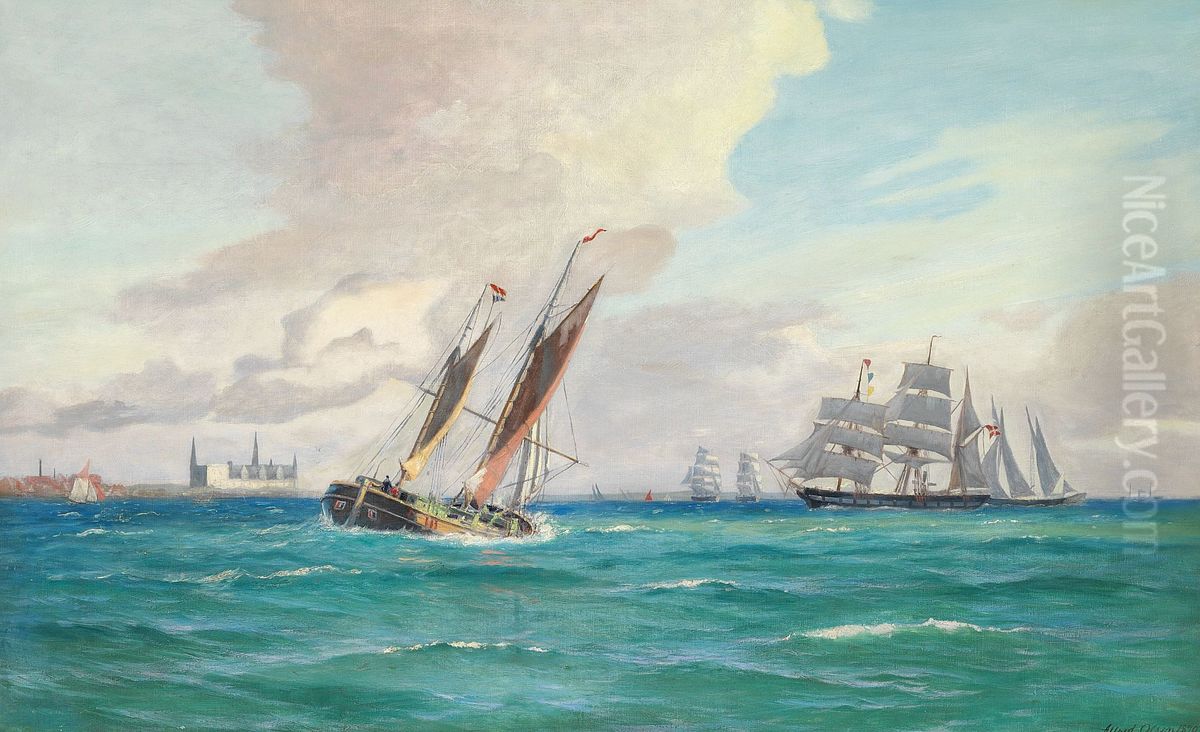 Sailing ships off Elsinore, Denmark. Oil Painting by Alfred Olsen