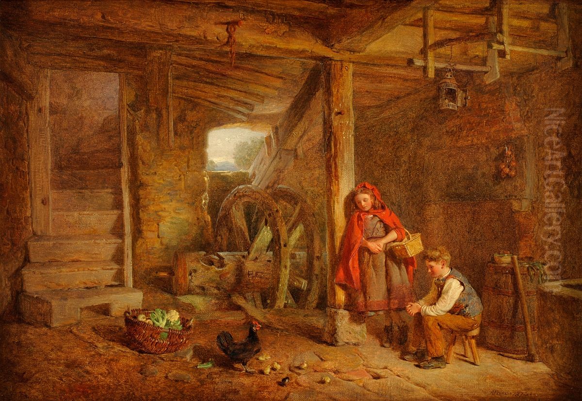 Children with chicken and chicks in the oldmill. Oil Painting by Alfred Provis