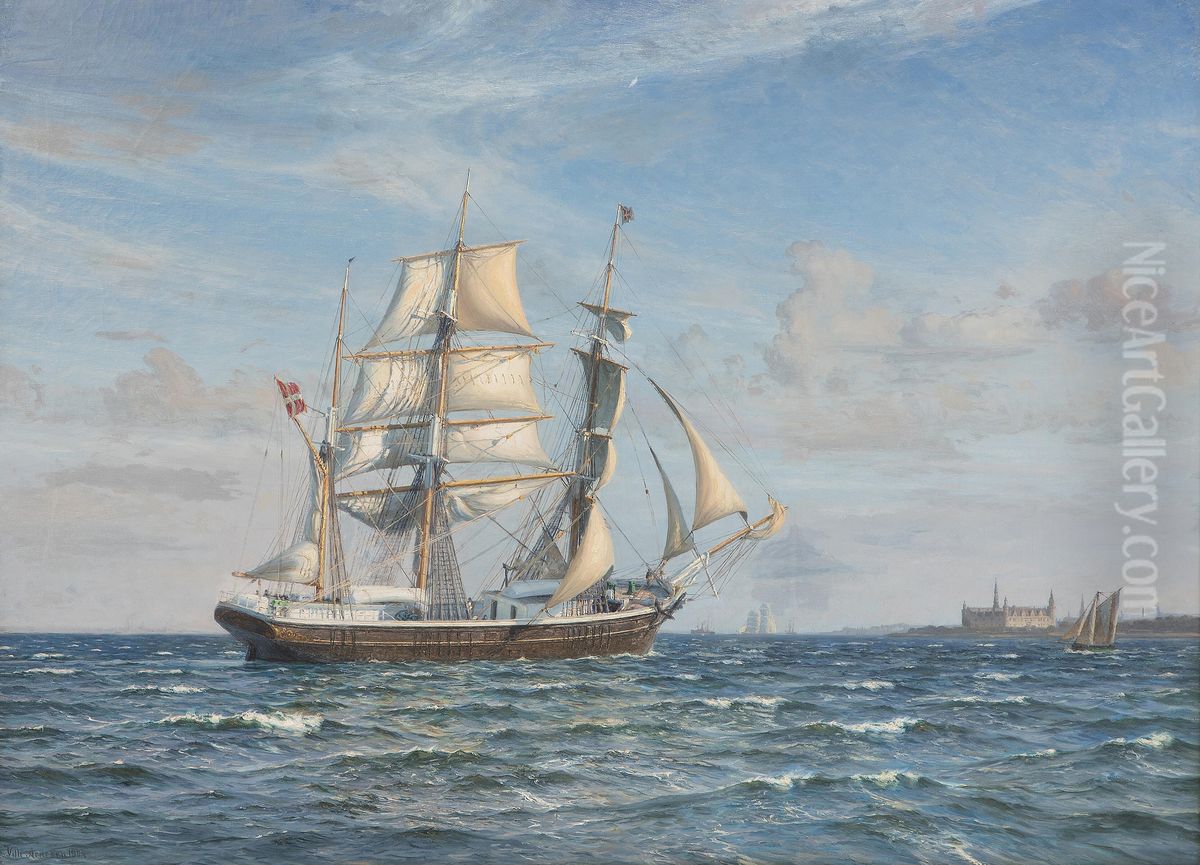 En bark i Sundet ud for Kronborg. Oil Painting by Vilhelm Arnesen