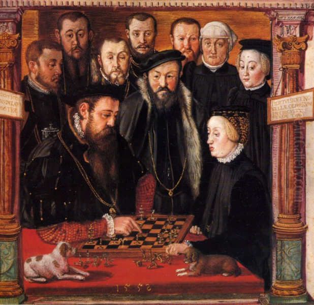 Albrecht and Anna playing chess Oil Painting by Hans Muelich