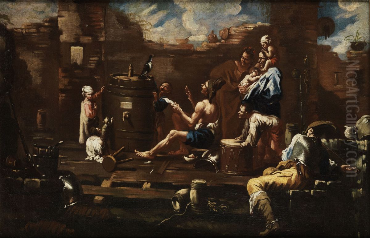 Schaustellergruppe beim Uben mit einem sprechenden Raben. Oil Painting by Alessandro Magnasco