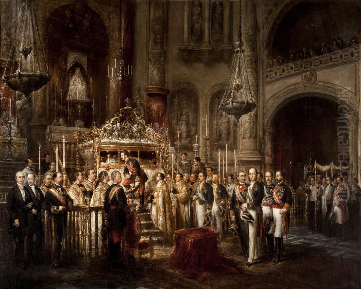 Alfonso XII contemplando en la Capilla real el cuerpo incorrupto de San Fernando Oil Painting by Jose Maria Romero y Lopez