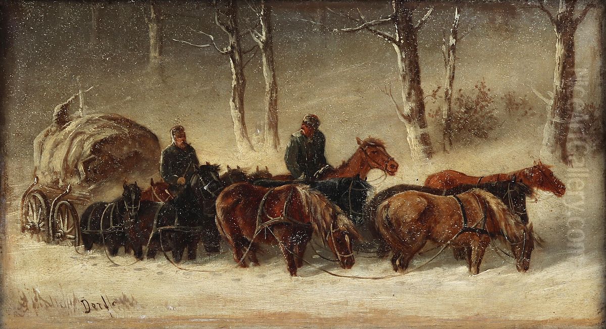 Auspannen des Pferdeschlitten Oil Painting by Alfred Steinacker