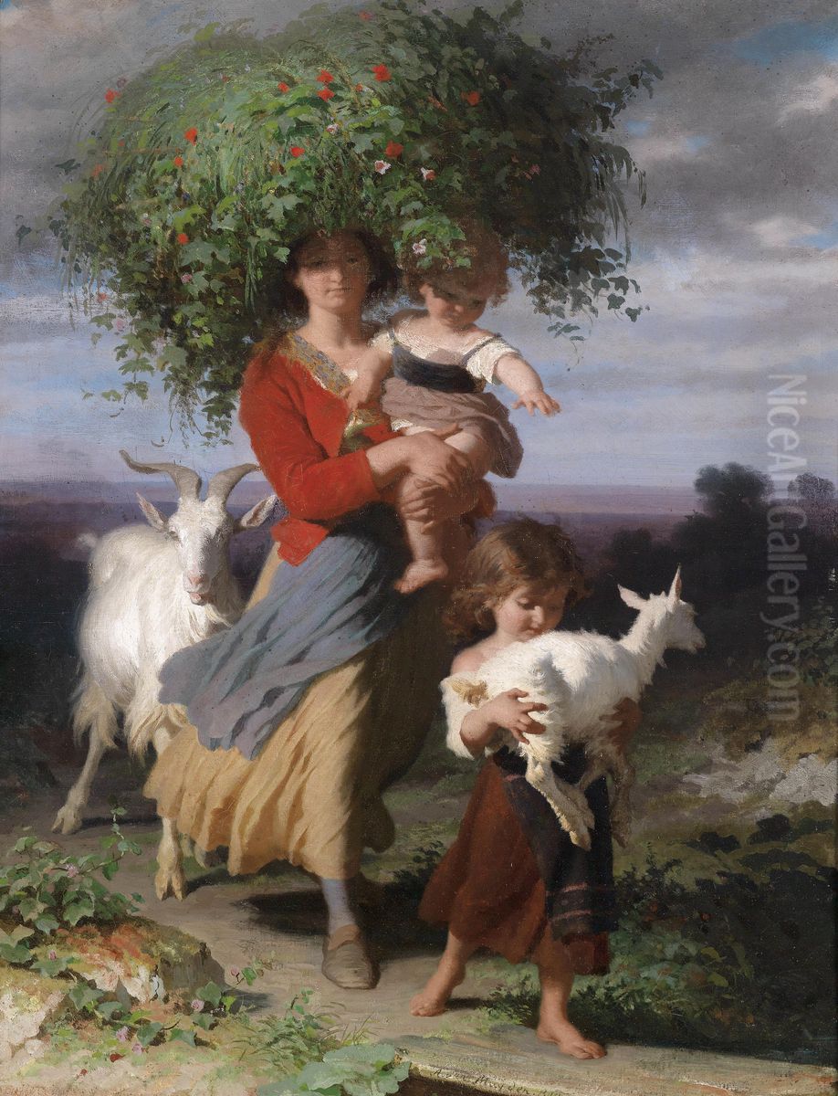 Mutter mit Kindern am Heimweg Oil Painting by Jacques Alfred Van Muyden