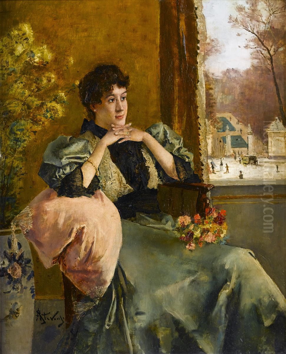 Femme pensive pres d'une fenetre. Oil Painting by Alfred Stevens