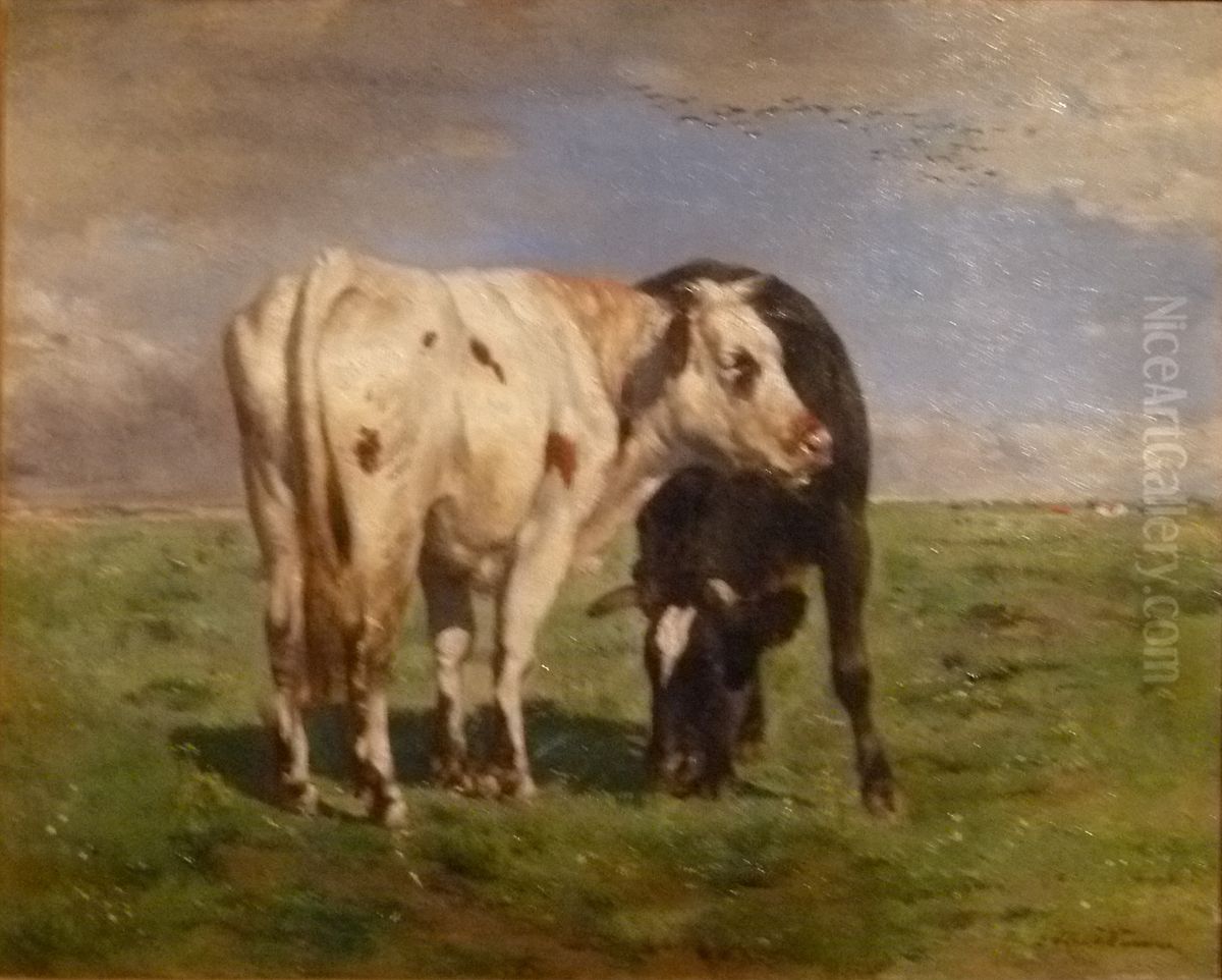 Two cows in the plains of the Zwin Oil Painting by Alfred Verwee