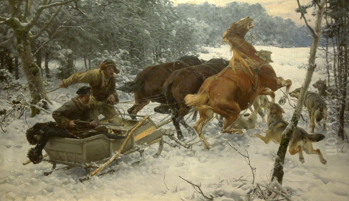 Attacking Wolfpack Oil Painting by Alfred Wierusz-Kowalski