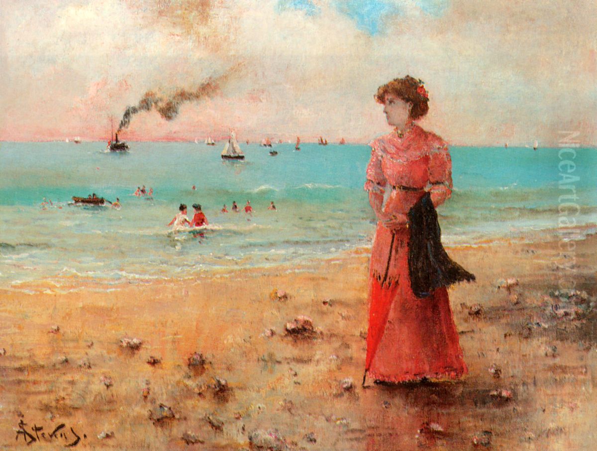 Young Woman with red umbrella at the Beach Oil Painting by Alfred Stevens