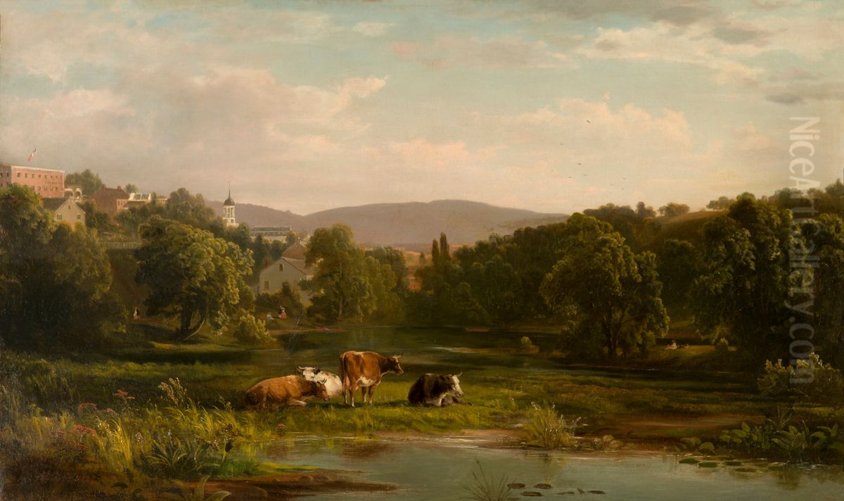 Monacacy Creek with Bethlehem in background Oil Painting by Dewitt Clinton Boutelle
