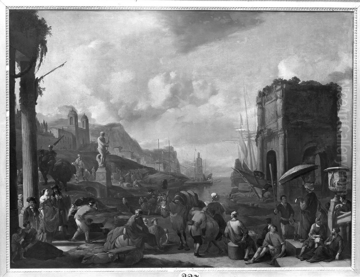 Southern harbor view with ancient ruins Oil Painting by Johannes Lingelbach