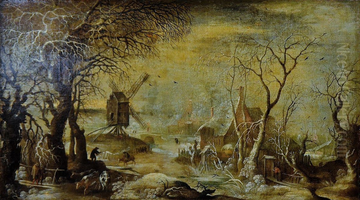Schneelandschaft an der Windmuhle Oil Painting by Roelant Savery