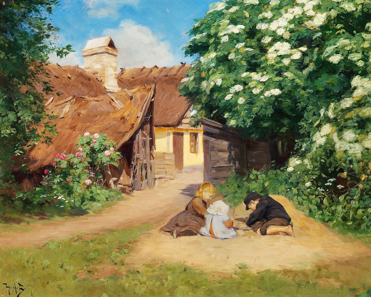 Threo children playing near a farm on a summer day. Oil Painting by H. A. Brendekilde