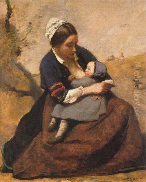 Bretonne allaitant son enfant Oil Painting by Jean-Baptiste Camille Corot