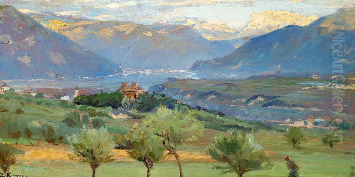 A view of Bolzano. From Castle St. Valentin in Tyrol. Oil Painting by Peder Severin Kroyer