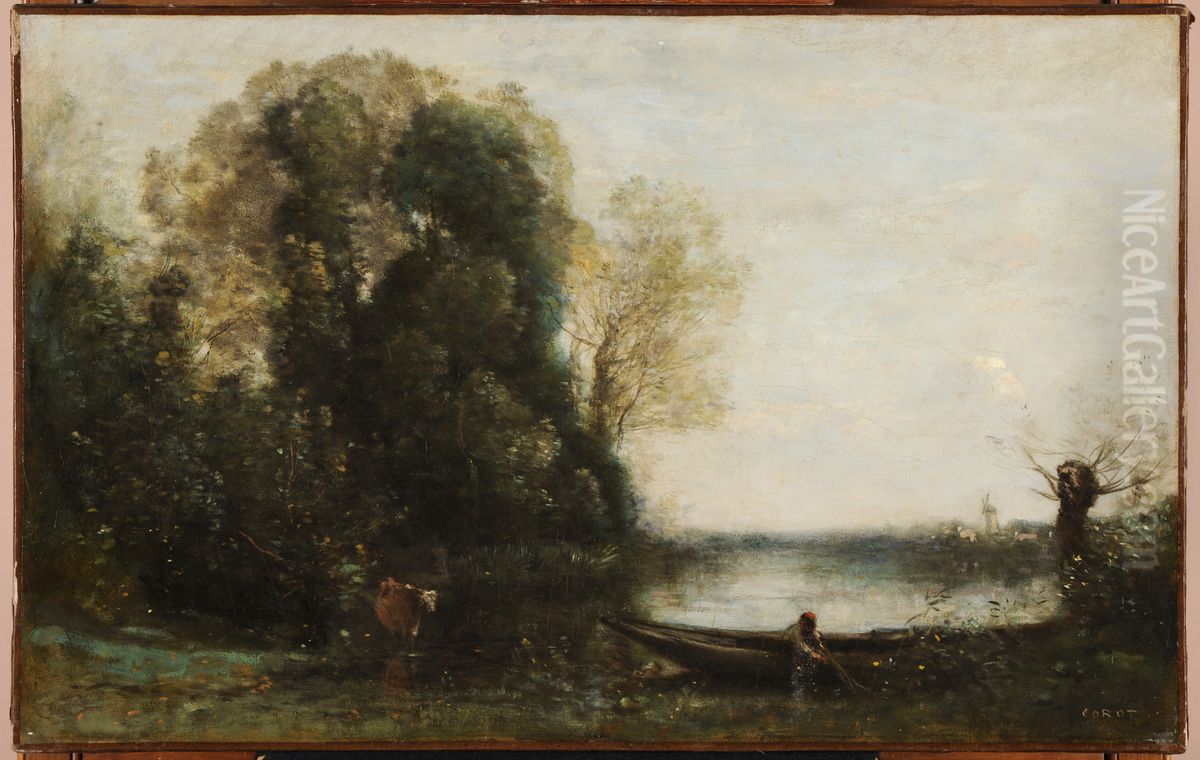 Le pecheur en barque a la rive Oil Painting by Jean-Baptiste Camille Corot