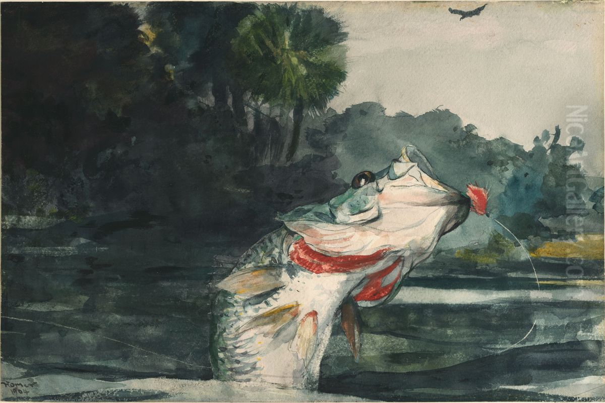 Life-Size Black Bass Oil Painting by Winslow Homer
