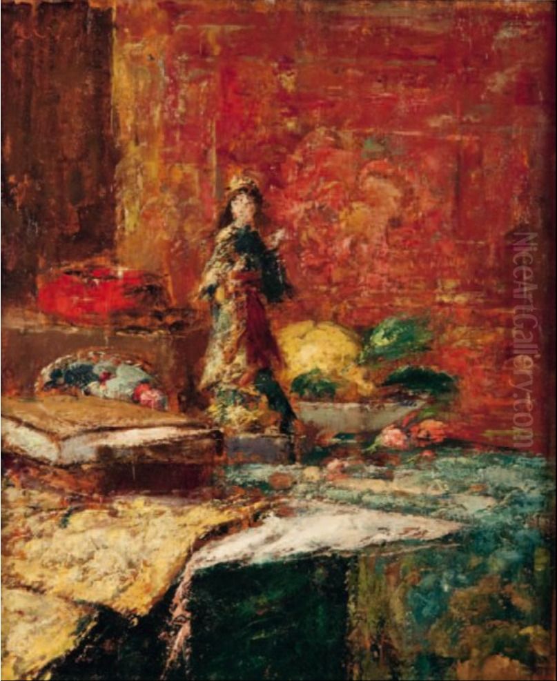 Still life with Chinese statuette Oil Painting by Alfred Verhaeren