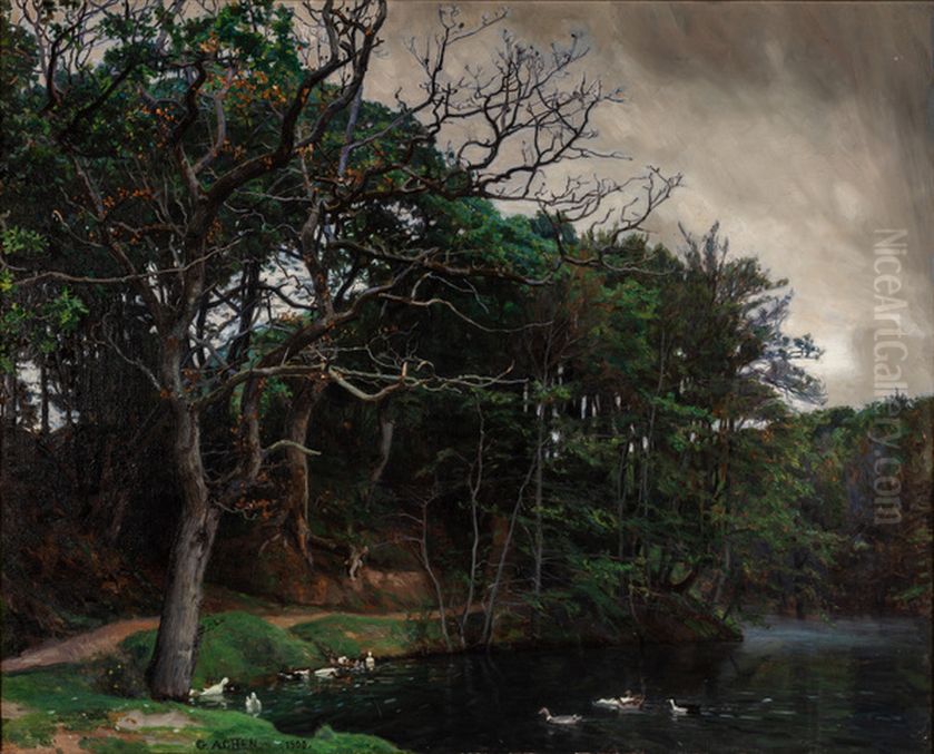 Landscape at Baekkelund, Hald. Oil Painting by Georg Achen