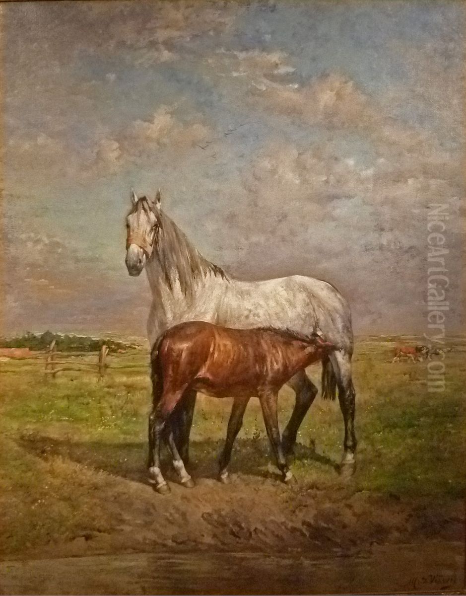 Mare with foal Oil Painting by Alfred Verwee