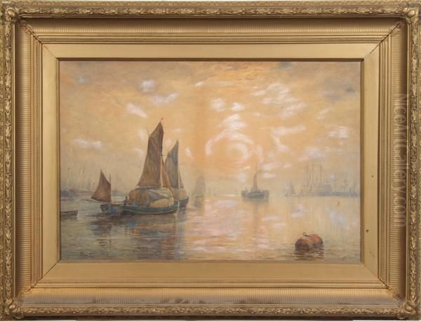 Harbor Scene At Sunset Oil Painting by William Carlaw