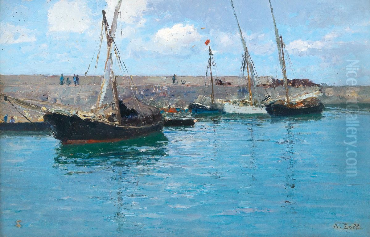 The landing pier in Krems Oil Painting by Alfred Zoff